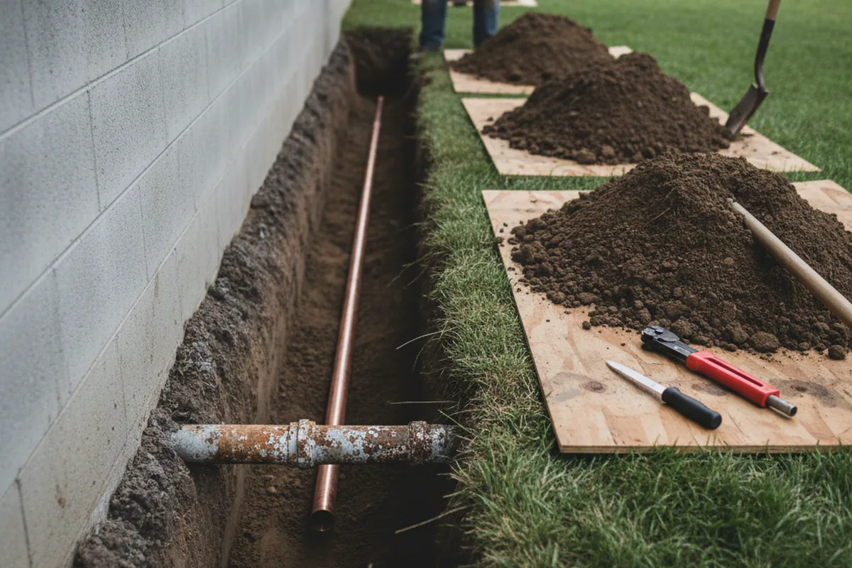 Excavated water line trench during Sewer Line Repair in Bentleyville